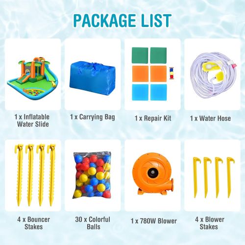  Costzon Inflatable Water Slide, 7 in 1 Kids Water Slide Jumping Castle with Blower, Water Bounce House, Climbing, Splash Pool, Water Cannon, Outdoor Water Slides for Backyard (with