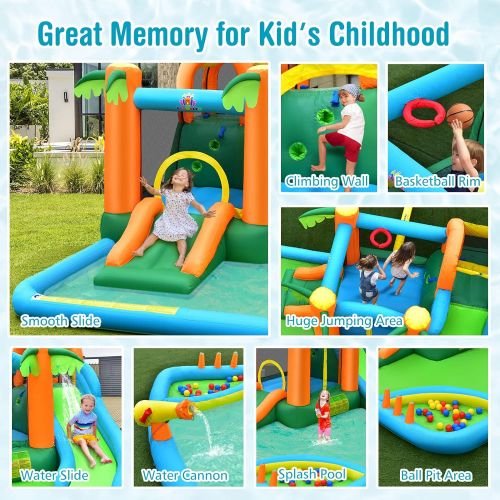  Costzon Inflatable Water Slide, 7 in 1 Kids Water Slide Jumping Castle with Blower, Water Bounce House, Climbing, Splash Pool, Water Cannon, Outdoor Water Slides for Backyard (with