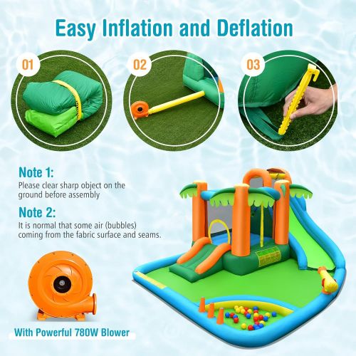  Costzon Inflatable Water Slide, 7 in 1 Kids Water Slide Jumping Castle with Blower, Water Bounce House, Climbing, Splash Pool, Water Cannon, Outdoor Water Slides for Backyard (with