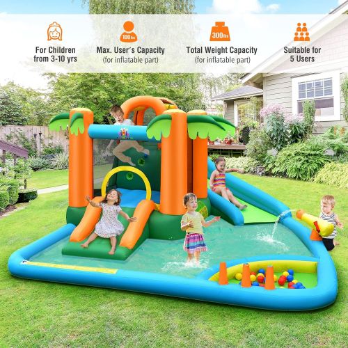  Costzon Inflatable Water Slide, 7 in 1 Kids Water Slide Jumping Castle with Blower, Water Bounce House, Climbing, Splash Pool, Water Cannon, Outdoor Water Slides for Backyard (with