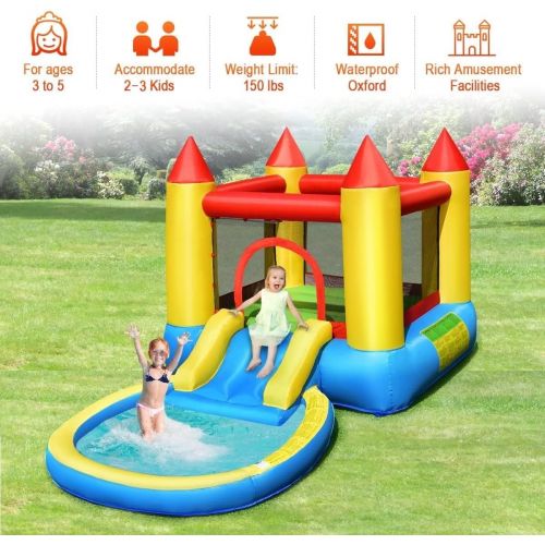  Costzon Inflatable Water Bounce House, Kids Jumping Castle Waterslide for Wet Dry Combo with Splash Pool, Cute Wate Slide, Ocean Balls, Kids Water Slides for Outdoor (Without Blowe