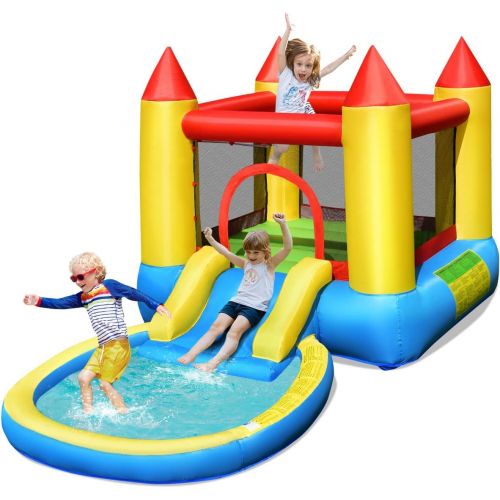  Costzon Inflatable Water Bounce House, Kids Jumping Castle Waterslide for Wet Dry Combo with Splash Pool, Cute Wate Slide, Ocean Balls, Kids Water Slides for Outdoor (Without Blowe