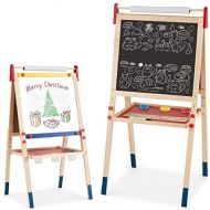 Costzon 3 in 1 Kids Art Easel with Paper Roll, Double Sided Adjustable Chalkboard & White Dry Erase with 4 Drawing Board Clips, Storage Bins, 26 English Alphabet Tiles for Toddlers