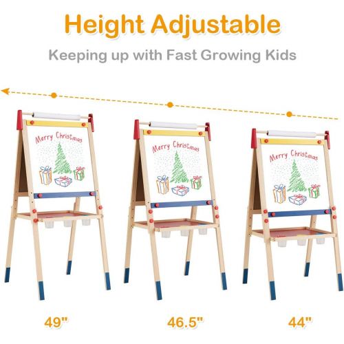  Costzon 3 in 1 Kids Art Easel with Paper Roll, Double Sided Adjustable Chalkboard & White Dry Erase with 4 Drawing Board Clips, Storage Bins, 26 English Alphabet Tiles for Toddlers