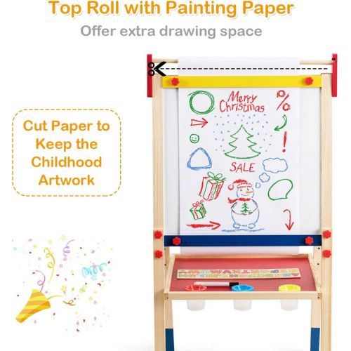  Costzon 3 in 1 Kids Art Easel with Paper Roll, Double Sided Adjustable Chalkboard & White Dry Erase with 4 Drawing Board Clips, Storage Bins, 26 English Alphabet Tiles for Toddlers