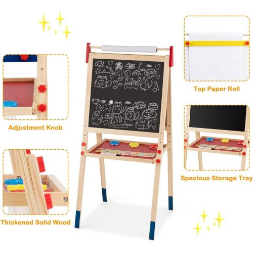  Costzon 3 in 1 Kids Art Easel with Paper Roll, Double Sided Adjustable Chalkboard & White Dry Erase with 4 Drawing Board Clips, Storage Bins, 26 English Alphabet Tiles for Toddlers