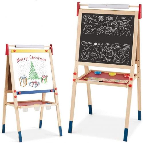  Costzon 3 in 1 Kids Art Easel with Paper Roll, Double Sided Adjustable Chalkboard & White Dry Erase with 4 Drawing Board Clips, Storage Bins, 26 English Alphabet Tiles for Toddlers