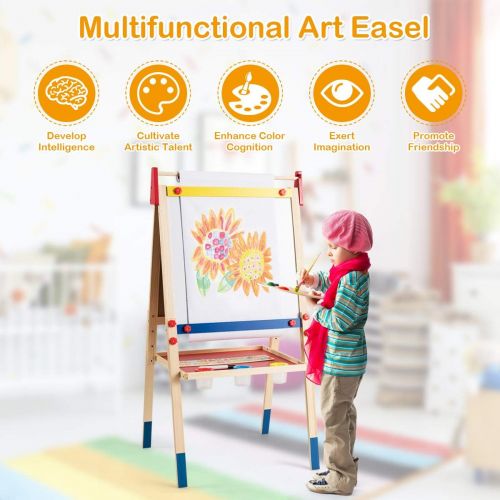  Costzon 3 in 1 Kids Art Easel with Paper Roll, Double Sided Adjustable Chalkboard & White Dry Erase with 4 Drawing Board Clips, Storage Bins, 26 English Alphabet Tiles for Toddlers