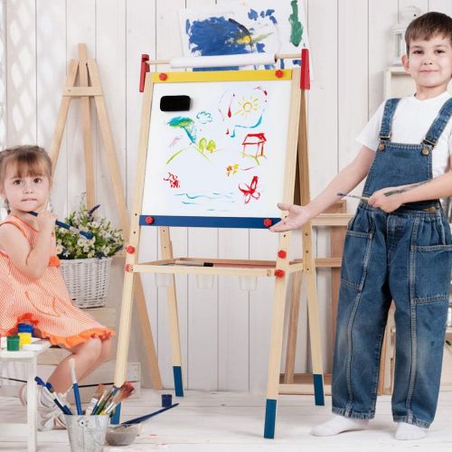  Costzon 3 in 1 Kids Art Easel with Paper Roll, Double Sided Adjustable Chalkboard & White Dry Erase with 4 Drawing Board Clips, Storage Bins, 26 English Alphabet Tiles for Toddlers