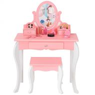 Costzon Kids Vanity Set with Mirror, 2 in 1 Princess Makeup Dressing Table w/ Detachable Top, Toddler Vanity with 360° Rotating Mirror, Drawers & Stool, Pretend Play Vanity Set for