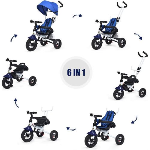  [아마존베스트]Costzon Baby Tricycle, 6-in-1 Foldable Steer Stroller, Learning Bike w/Detachable Guardrail, Adjustable Canopy, Safety Harness, Folding Pedal, Storage Bag, Brake, Shock Absorption