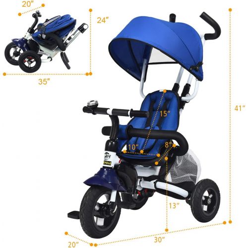  [아마존베스트]Costzon Baby Tricycle, 6-in-1 Foldable Steer Stroller, Learning Bike w/Detachable Guardrail, Adjustable Canopy, Safety Harness, Folding Pedal, Storage Bag, Brake, Shock Absorption