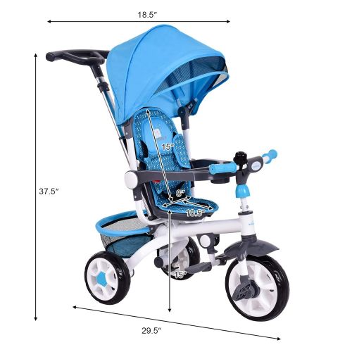  [아마존베스트]Costzon 4 in 1 Kids Tricycle Steer Stroller Toy Bike w/Canopy, Safety Seat, Storage Basket, Foot Pedals, for Children Age 10 Months to 5 Years Old (Blue)