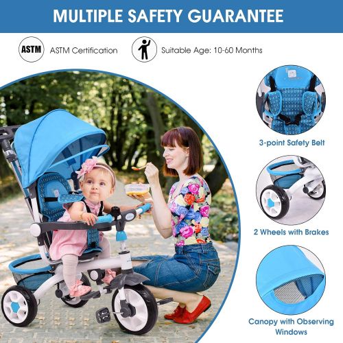  [아마존베스트]Costzon 4 in 1 Kids Tricycle Steer Stroller Toy Bike w/Canopy, Safety Seat, Storage Basket, Foot Pedals, for Children Age 10 Months to 5 Years Old (Blue)