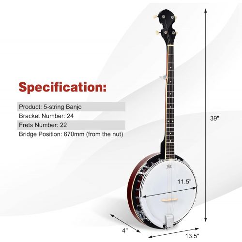  [아마존베스트]Costzon 5-String Banjo 24 Bracket with Geared 5th tuner and Mid-range Closed Handle, Include 420D Oxford Cloth Bag, One Strap, Wiper, 3 Picks for Beginners (41.5 IN)