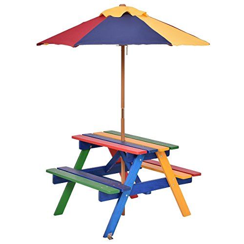  [아마존베스트]Costzon Kids Picnic Table Set, Colorful Wood Picnic Table and Benches with Removable/Folding Umbrella, Children Rainbow Bench Outdoor Patio Set