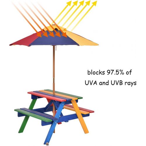  [아마존베스트]Costzon Kids Picnic Table Set, Colorful Wood Picnic Table and Benches with Removable/Folding Umbrella, Children Rainbow Bench Outdoor Patio Set