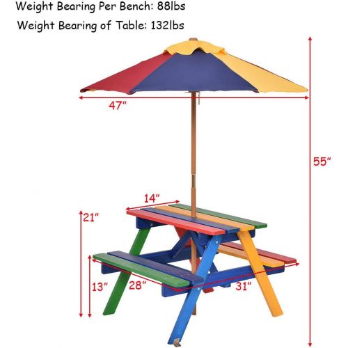  [아마존베스트]Costzon Kids Picnic Table Set, Colorful Wood Picnic Table and Benches with Removable/Folding Umbrella, Children Rainbow Bench Outdoor Patio Set