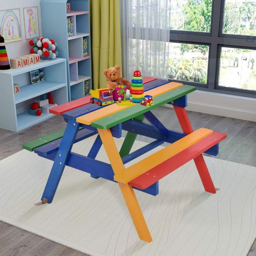  [아마존베스트]Costzon Kids Picnic Table Set, Colorful Wood Picnic Table and Benches with Removable/Folding Umbrella, Children Rainbow Bench Outdoor Patio Set