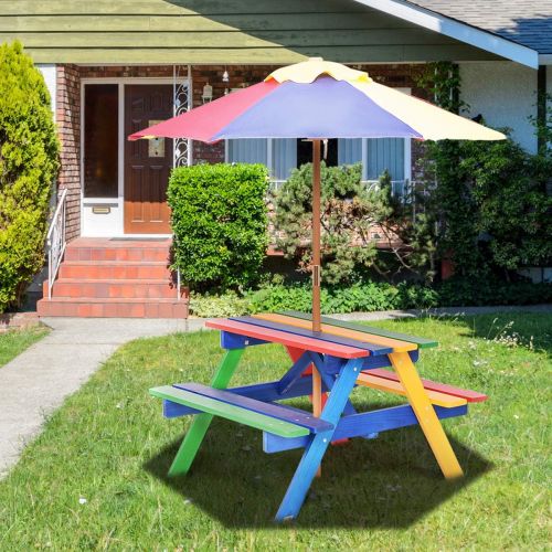  [아마존베스트]Costzon Kids Picnic Table Set, Colorful Wood Picnic Table and Benches with Removable/Folding Umbrella, Children Rainbow Bench Outdoor Patio Set