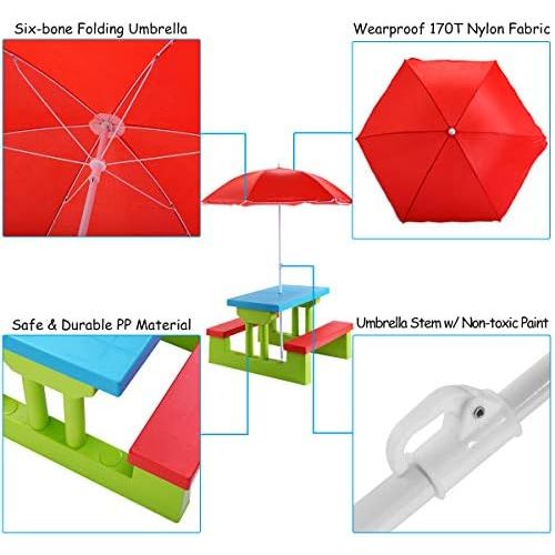  [아마존베스트]Costzon Kids Picnic Table Set Children Junior Rainbow Bench w/Umbrella (Red & Green)