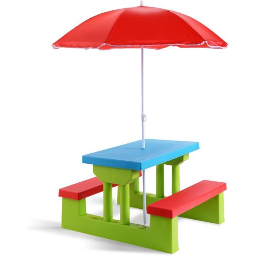  [아마존베스트]Costzon Kids Picnic Table Set Children Junior Rainbow Bench w/Umbrella (Red & Green)