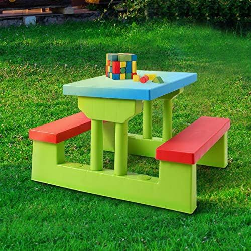  [아마존베스트]Costzon Kids Picnic Table Set Children Junior Rainbow Bench w/Umbrella (Red & Green)