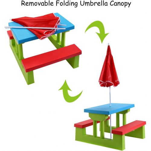  [아마존베스트]Costzon Kids Picnic Table Set Children Junior Rainbow Bench w/Umbrella (Red & Green)