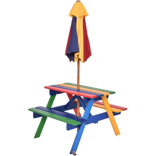  [아마존베스트]Costzon Kids Picnic Table Set Children Junior Rainbow Bench w/Umbrella (Multicolor)