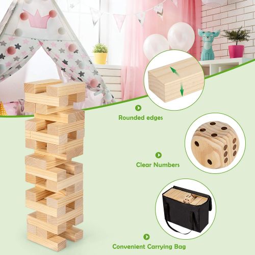  Costzon Giant Tumbling Timber Toy, 54 PCS Wooden Block Stacking Game w/ Convenient Carrying Bag, Attached Dice, Curved Edge, Solid Pine Wood, Perfect for Wedding, Game Night, Famil