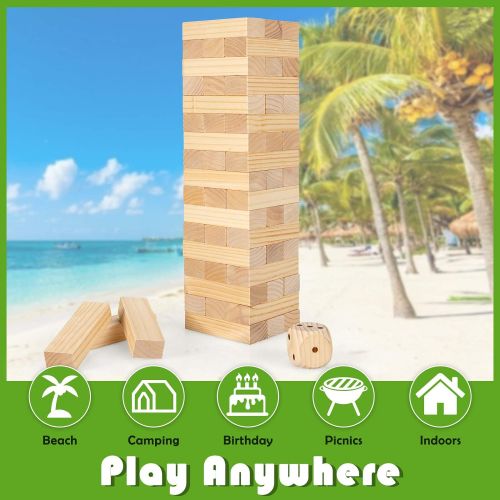  Costzon Giant Tumbling Timber Toy, 54 PCS Wooden Block Stacking Game w/ Convenient Carrying Bag, Attached Dice, Curved Edge, Solid Pine Wood, Perfect for Wedding, Game Night, Famil