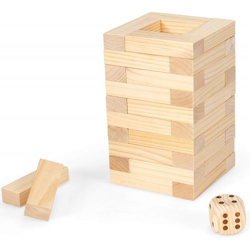  Costzon Giant Tumbling Timber Toy, 54 PCS Wooden Block Stacking Game w/ Convenient Carrying Bag, Attached Dice, Curved Edge, Solid Pine Wood, Perfect for Wedding, Game Night, Famil