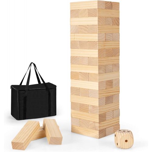  Costzon Giant Tumbling Timber Toy, 54 PCS Wooden Block Stacking Game w/ Convenient Carrying Bag, Attached Dice, Curved Edge, Solid Pine Wood, Perfect for Wedding, Game Night, Famil