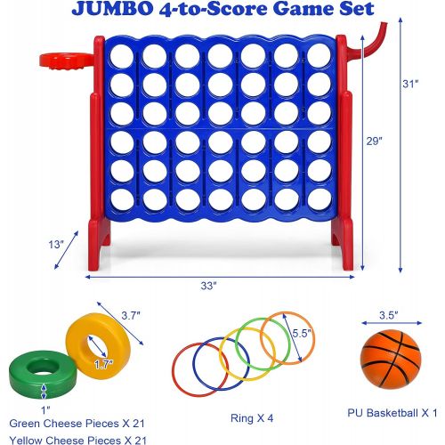  Costzon Giant 4-in-A-Row, Jumbo 4-to-Score Giant Game w/ Basketball Hoop, Ring Toss, Quick-Release Slider, 42 Jumbo Rings, Indoor Outdoor Family Connect Game for Kids & Adults, Bac