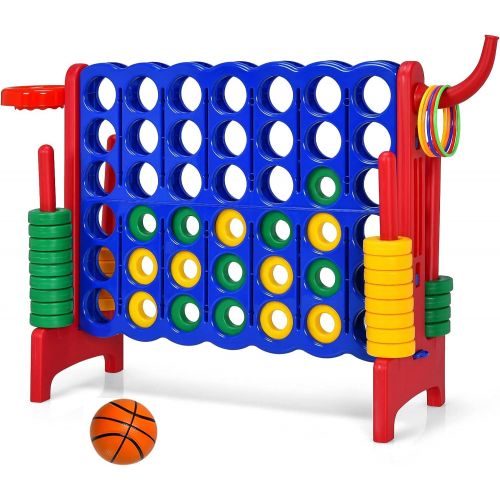  Costzon Giant 4-in-A-Row, Jumbo 4-to-Score Giant Game w/ Basketball Hoop, Ring Toss, Quick-Release Slider, 42 Jumbo Rings, Indoor Outdoor Family Connect Game for Kids & Adults, Bac
