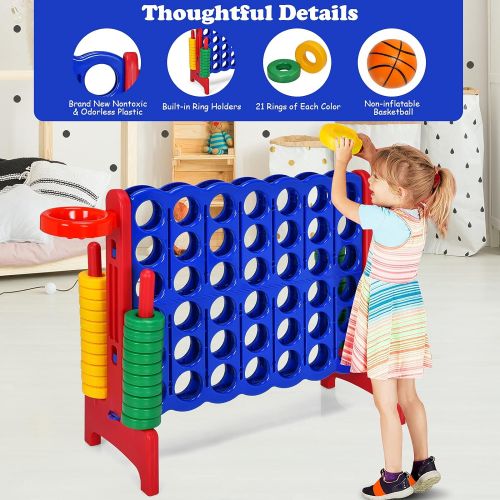  Costzon Giant 4-in-A-Row, Jumbo 4-to-Score Giant Game w/ Basketball Hoop, Ring Toss, Quick-Release Slider, 42 Jumbo Rings, Indoor Outdoor Family Connect Game for Kids & Adults, Bac