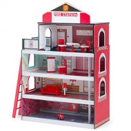 Costzon Dollhouse for Kids, Wooden Fire Station Playset Pretend Cottage Toy Set w/ Ladder, Fire Truck, Helicopter, Furniture Accessories, Toddler Dream Doll House for Boys Girls Gi