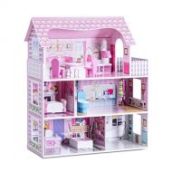 Costzon Dollhouse, Toy Family House with 13 pcs Furniture, Play Accessories, Cottage Uptown Doll House, Dreamdoll House Playset for Girls (Three Levels)