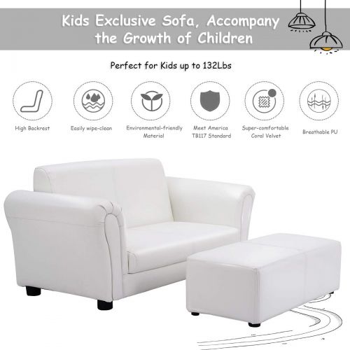  Costzon Children Sofa w/Footstool, 32.5‘’x16.5‘’x16‘’ Upholstered Couch, Sturdy Wood Construction, 2 Seat Armrest Chair Lounge for Preschool Kids Toddlers Boys, Girls, ASTM and CPS