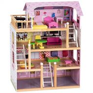 Costzon Dollhouse, Toy Family House with 13 pcs Furniture, Play Accessories, Cottage Uptown Doll House, Doll Playhouse Cottage Set