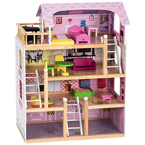  Costzon Dollhouse, Toy Family House with 13 pcs Furniture, Play Accessories, Cottage Uptown Doll House, Doll Playhouse Cottage Set