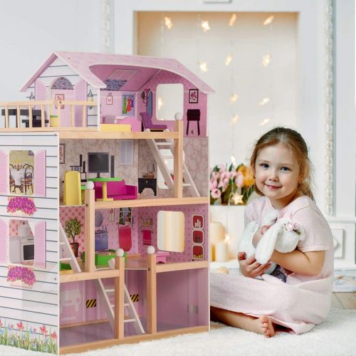  Costzon Dollhouse, Toy Family House with 13 pcs Furniture, Play Accessories, Cottage Uptown Doll House, Doll Playhouse Cottage Set