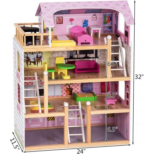  Costzon Dollhouse, Toy Family House with 13 pcs Furniture, Play Accessories, Cottage Uptown Doll House, Doll Playhouse Cottage Set