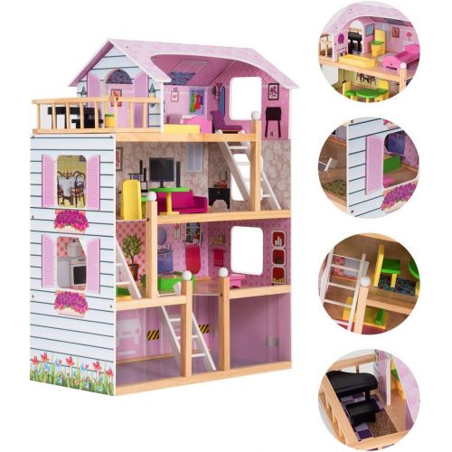  Costzon Dollhouse, Toy Family House with 13 pcs Furniture, Play Accessories, Cottage Uptown Doll House, Doll Playhouse Cottage Set