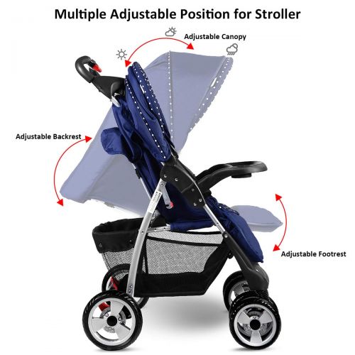  Costzon Baby Stroller, Foldable Infant Pushchair with 5-Point Safety Harness, Multi-Position Reclining Seat, Parent and Child Tray, Large Storage Basket, Suspension Wheels, Blue