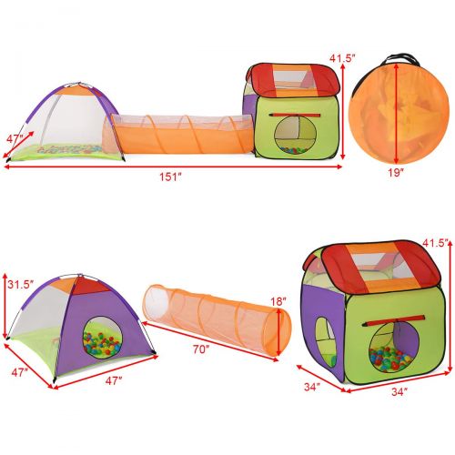  Costzon Play Tents Ball, 3 in 1 Pop Up Toddler Ball Pit House with Two Tents & One Tunnel, Playhouse with Zipper Storage Bag, 200 Pieces Ocean Balls