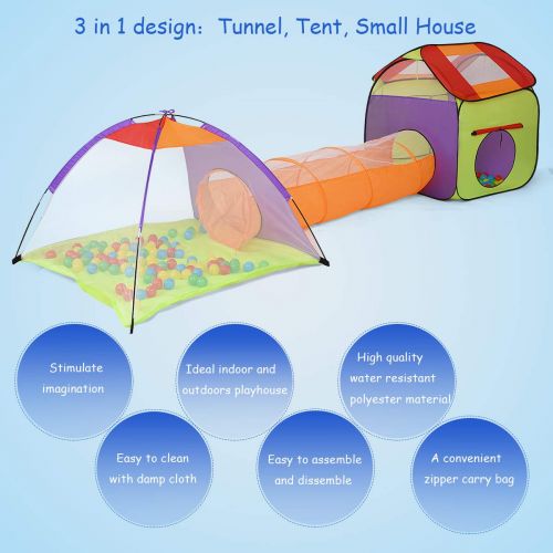  Costzon Play Tents Ball, 3 in 1 Pop Up Toddler Ball Pit House with Two Tents & One Tunnel, Playhouse with Zipper Storage Bag, 200 Pieces Ocean Balls