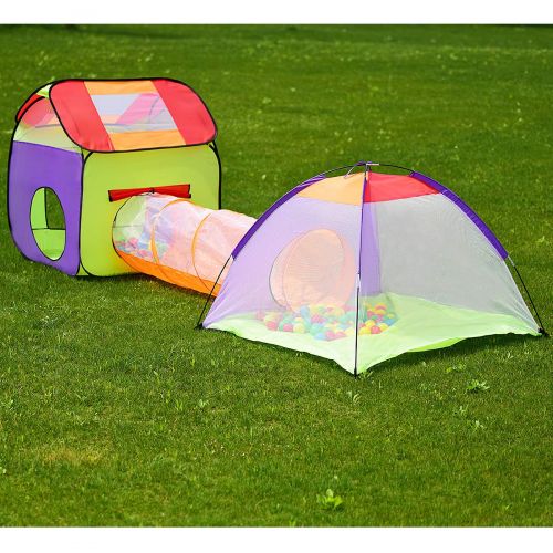  Costzon Play Tents Ball, 3 in 1 Pop Up Toddler Ball Pit House with Two Tents & One Tunnel, Playhouse with Zipper Storage Bag, 200 Pieces Ocean Balls