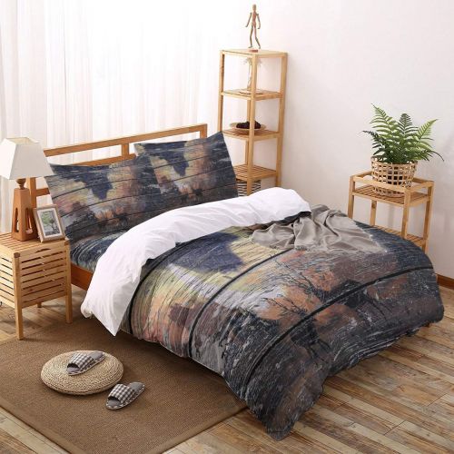  CosyBright 4 Piece Bedding Sets - Red Skirt Girl On Worn-Out Wooden Board Bedroom Decorative 1 Flat Sheet 1 Duvet Cover and 2 Pillow Cases - Full Size