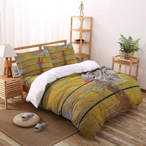  CosyBright 4 Piece Bedding Sets - Red Skirt Girl On Worn-Out Wooden Board Bedroom Decorative 1 Flat Sheet 1 Duvet Cover and 2 Pillow Cases - Full Size